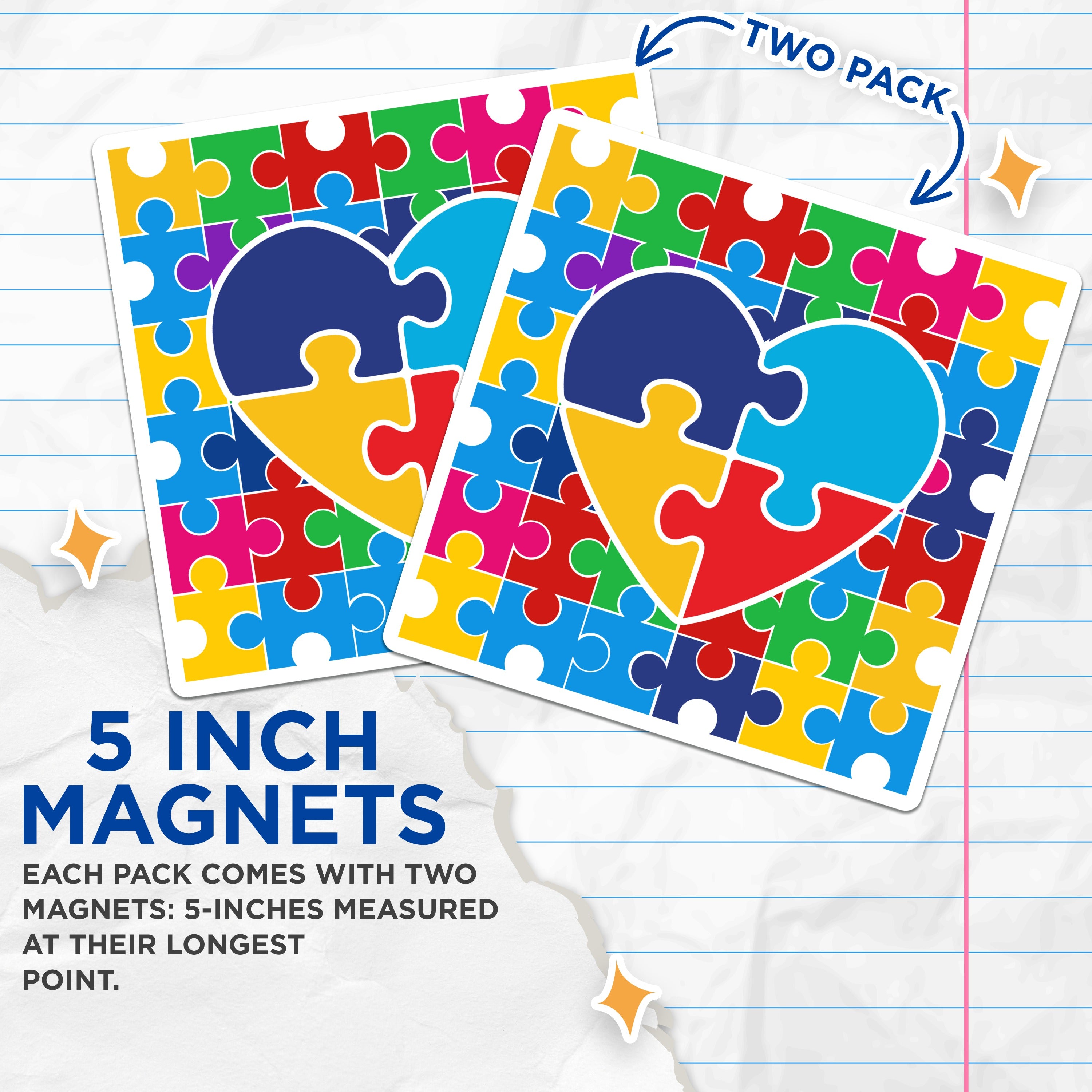 (2 Pack) Autism Awareness Puzzle Heart Magnets - Neurodiversity Acceptance Symbol - Inclusive Community Decor - 5 Inches On Longest Side - Thick Durable Magnet - Made in USA - MAG36280