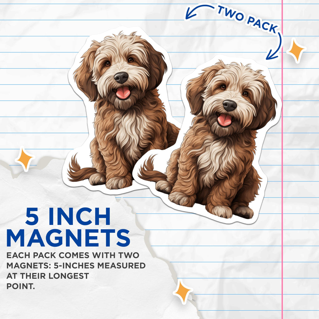 (2 Pack) Goldendoodle Dog Magnets - Fluffy Puppy Art - Dog Mom Dad Fridge Decor - 5 Inches On Longest Side - Thick Durable Magnet - Made in USA - MAG28352
