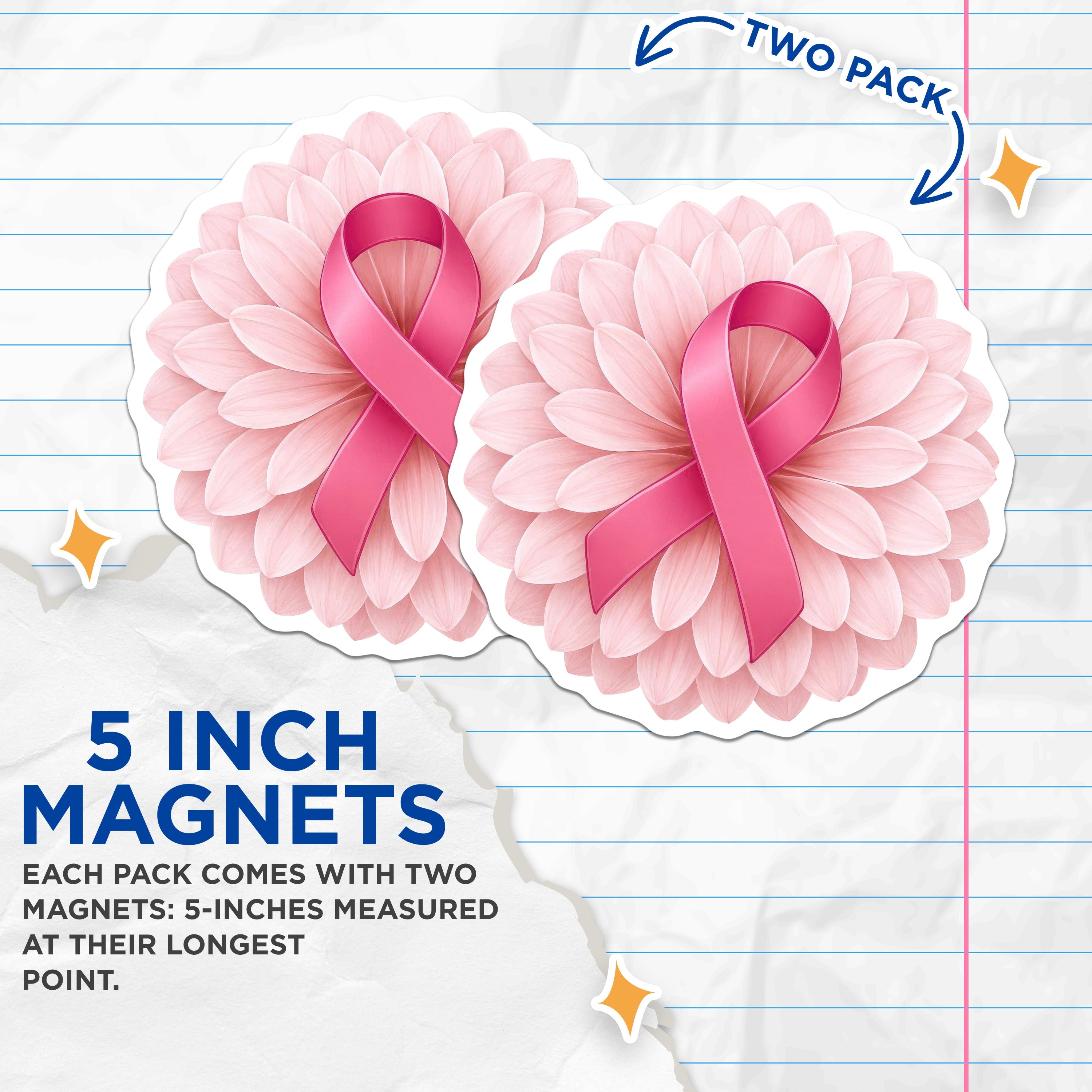 (2 Pack) Pink Ribbon Breast Cancer Awareness Magnets - Floral Support Magnet - Hope Symbol for Survivors & Fighters - 5 Inches On Longest Side - Thick Durable Magnet - Made in USA - MAG39448