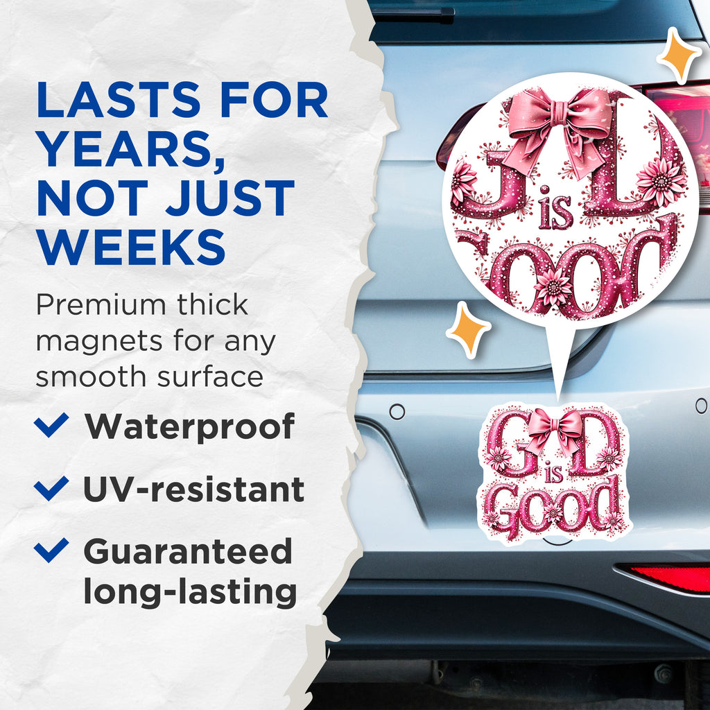 (2 Pack) God is Good Magnets - Pink Floral Christian Faith - Inspirational Religious Decor Women's Devotional - 5 Inches On Longest Side - Thick Durable Magnet - Made in USA - MAG39799