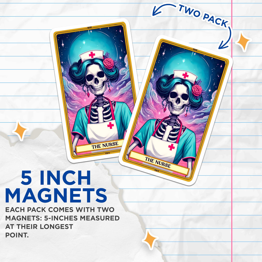(2 Pack) Skeleton Nurse Magnets - Tarot Card Art - Gothic Healthcare Decor - Mystical RN Appreciation - 5 Inches On Longest Side - Thick Durable Magnet - Made in USA - MAG22298