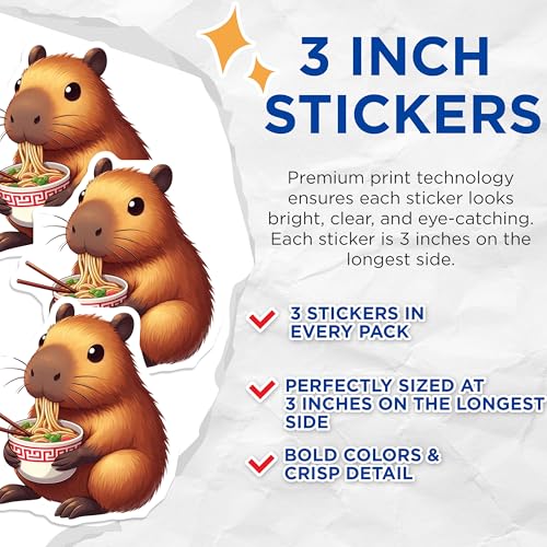 (3 Pack) Capybara Decals - Eating Ramen Decal - Cute Animal Decal - 3 Inches On Longest Side - Easy Peel & Apply - Made in USA - 3MCS8673