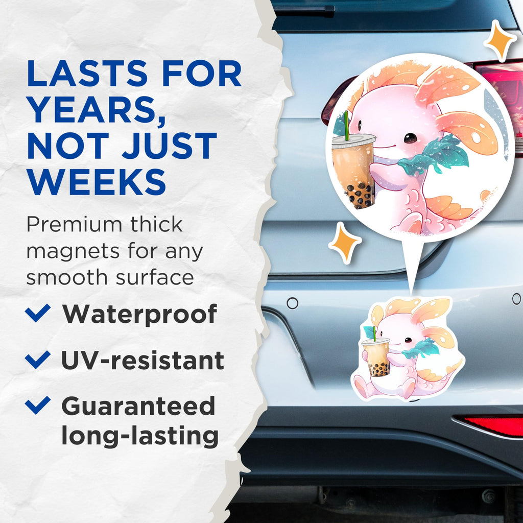 (2 Pack) Cute Axolotl Holding Boba Tea Magnets - Kawaii Animal Lover - Unique Axolotl Art - 5" On Longest Side - for Cars, Fridges, Toolboxes - Made in USA - MAG7790