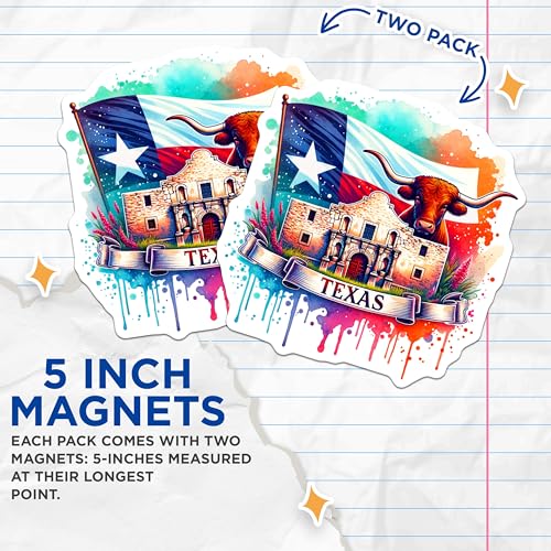 (2 Pack) Texas State Magnets - Alamo Souvenir - Longhorn Decor - 5" On Longest Side - for Cars, Fridges, Toolboxes - Made in USA - MAG6919