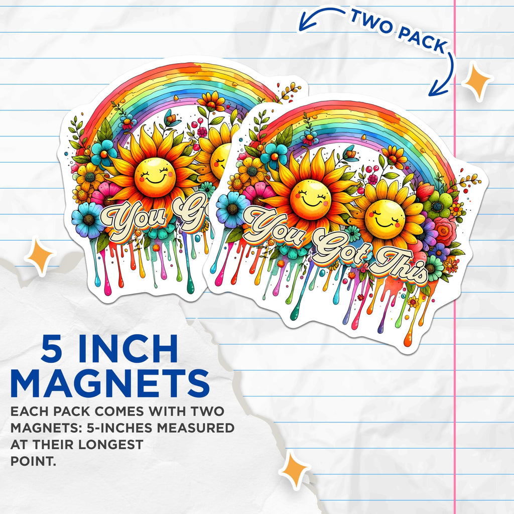 (2 Pack) You Got This Motivational Magnets - Sunflower Rainbow Magnets - Positive Encouragement - 5" On Longest Side - for Cars, Refrigerators, Toolboxes, Lockers - Made in USA BMCS3224