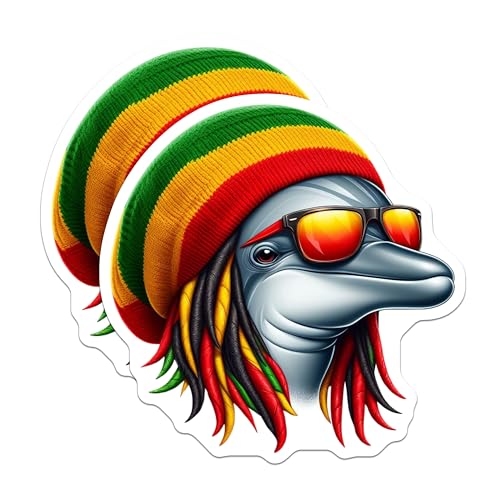 (2 Pack) Rasta Dolphin Stickers - Cool Dolphin Art - Jamaican Style Stickers - 5" On Longest Side - Sticks to Smooth Flat Surfaces - Made in USA - BMCS4381