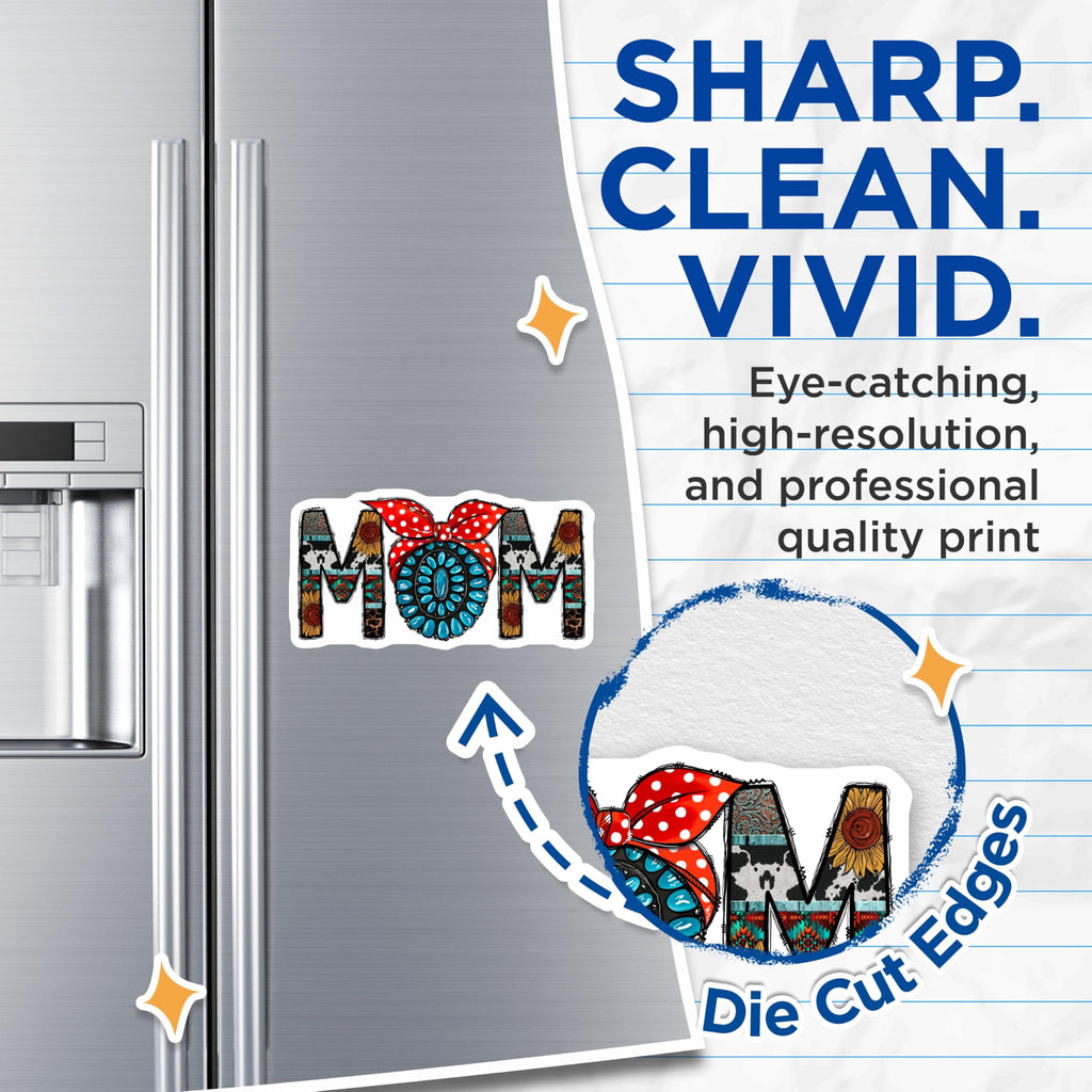 (2 Pack) Western Mom Magnets - Country Boho Kitchen Decor - Turquoise Concho Sunflower Cow Print Art - 5 Inches On Longest Side - Thick Durable Magnet - Made in USA - MAG29746