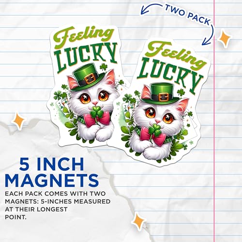 (2 Pack) Cute Cat Feeling Lucky Magnets - St. Patrick's Day Decoration - 5" On Longest Side - for Cars, Fridges, Toolboxes - Made in USA - MAG8100
