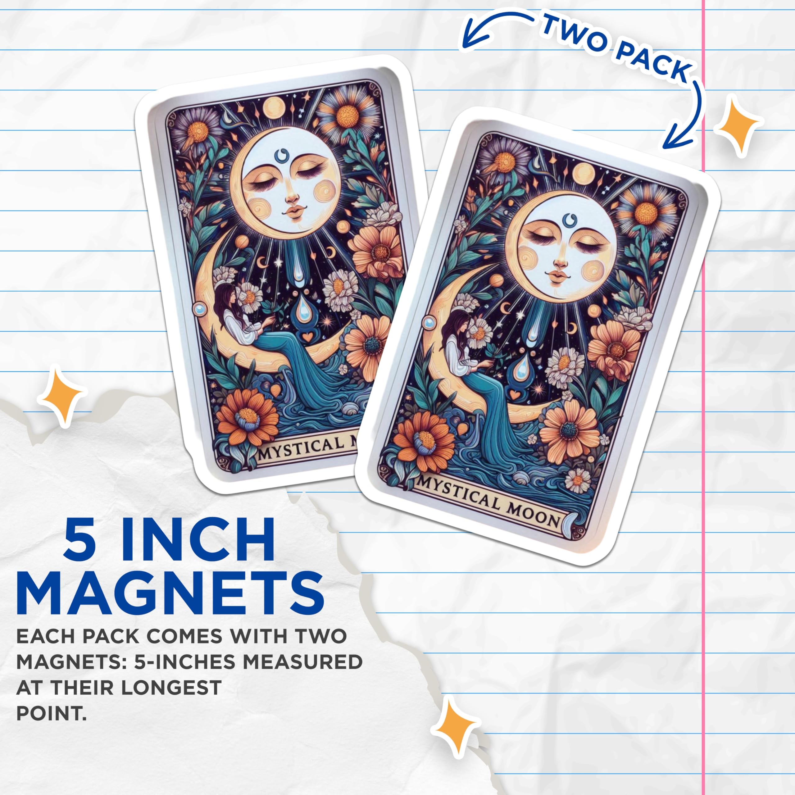 (2 Pack) Mystical Moon Magnets - Celestial Bohemian Decor - Whimsical Floral Art - 5 Inches On Longest Side - Thick Durable Magnet - Made in USA - MAG20497