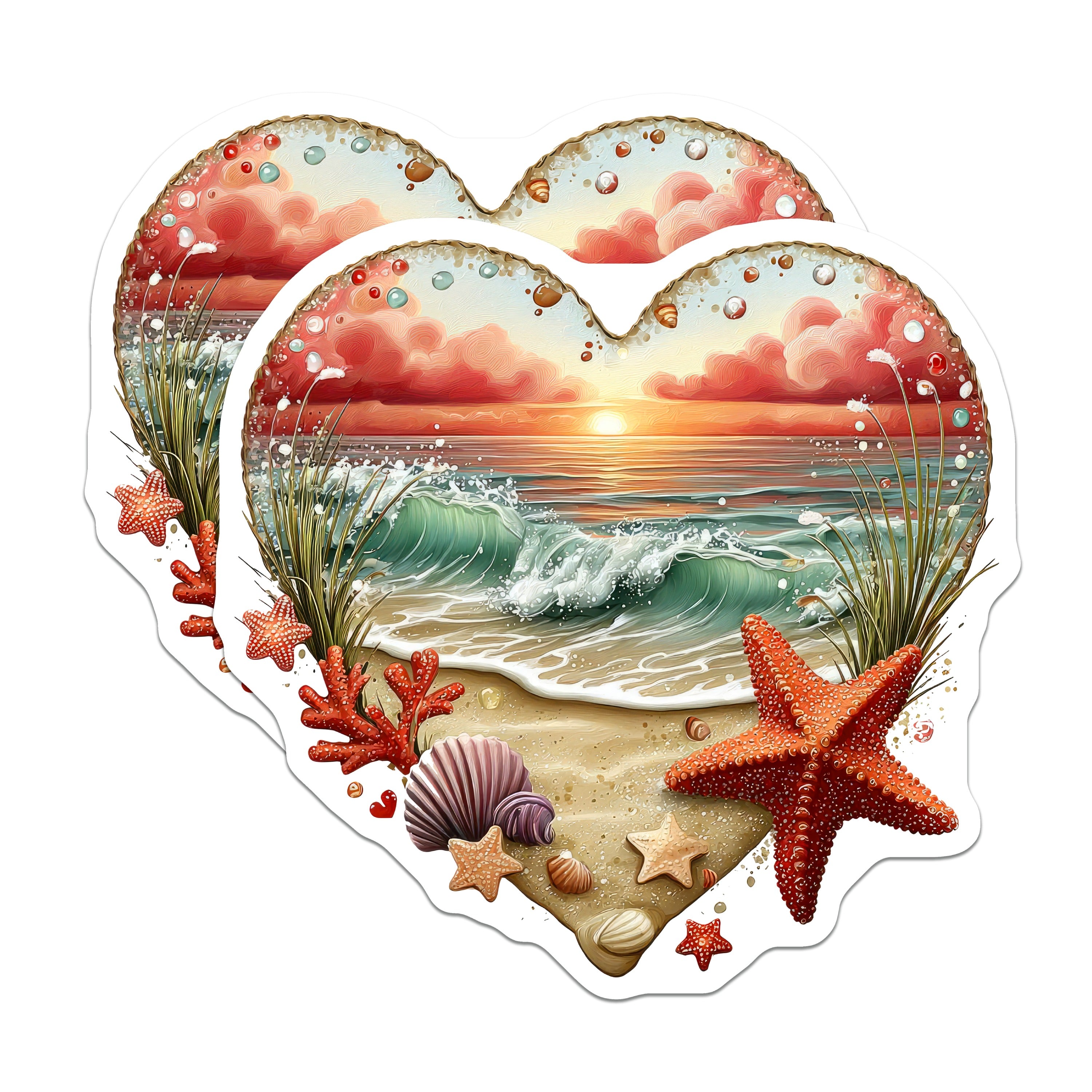 (2 Pack) Beach Sunset Ocean Waves Heart Magnets - Coastal Decor - Starfish Seashell Summer Vacation Display - 5 Inches On Longest Side - Thick Durable Magnet - Made in USA - MAG37109