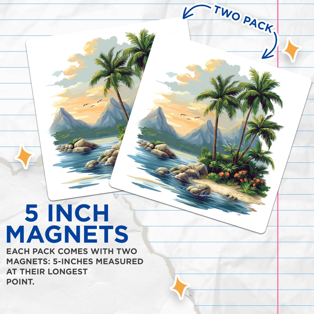 (2 Pack) Tropical Island Magnets - Palm Tree Beach Scene - Ocean Sunset Decor - 5 Inches On Longest Side - Thick Durable Magnet - Made in USA - MAG24249