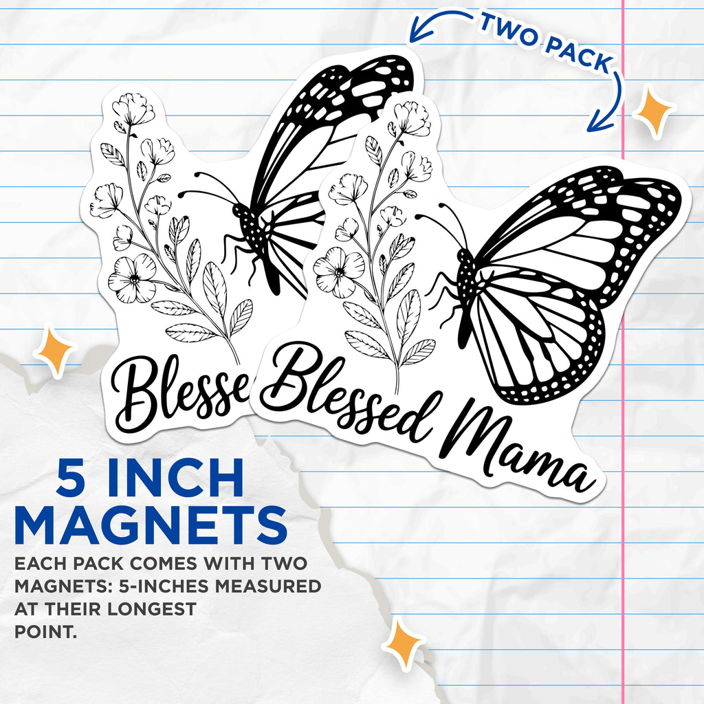 (2 Pack) Blessed Mama Magnets - Butterfly Floral Decor - New Motherhood Affirmation - 5 Inches On Longest Side - Thick Durable Magnet - Made in USA - MAG38324