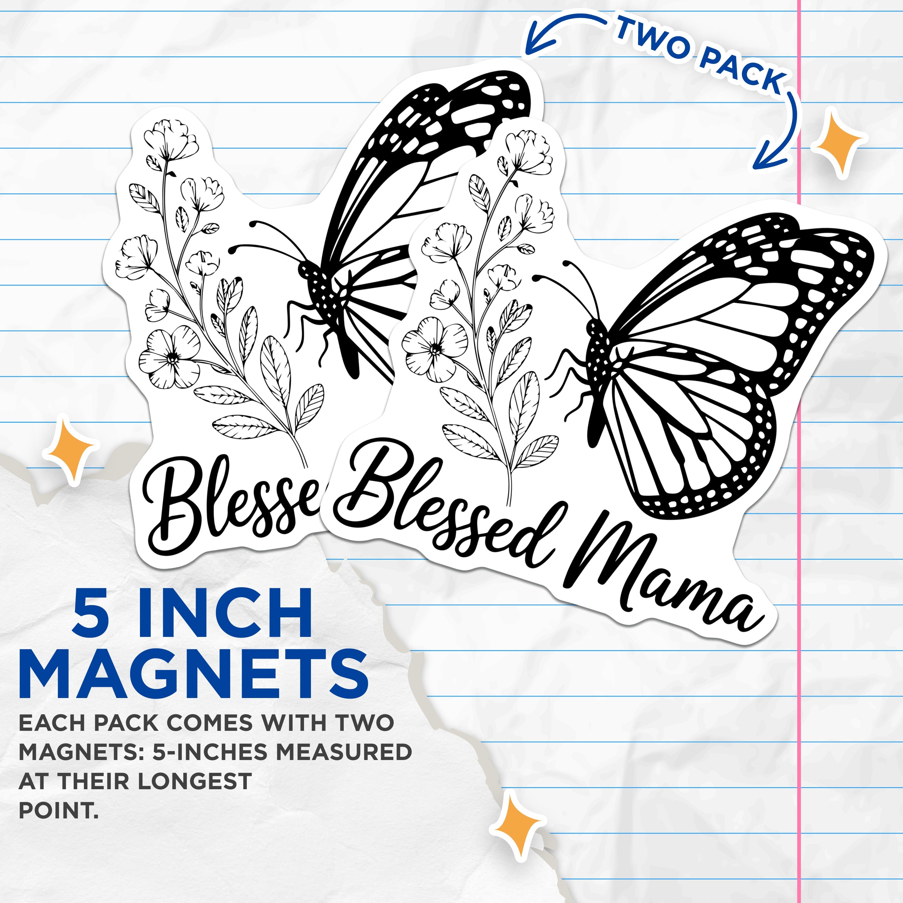 (2 Pack) Blessed Mama Magnets - Butterfly Floral Decor - New Motherhood Affirmation - 5 Inches On Longest Side - Thick Durable Magnet - Made in USA - MAG38324