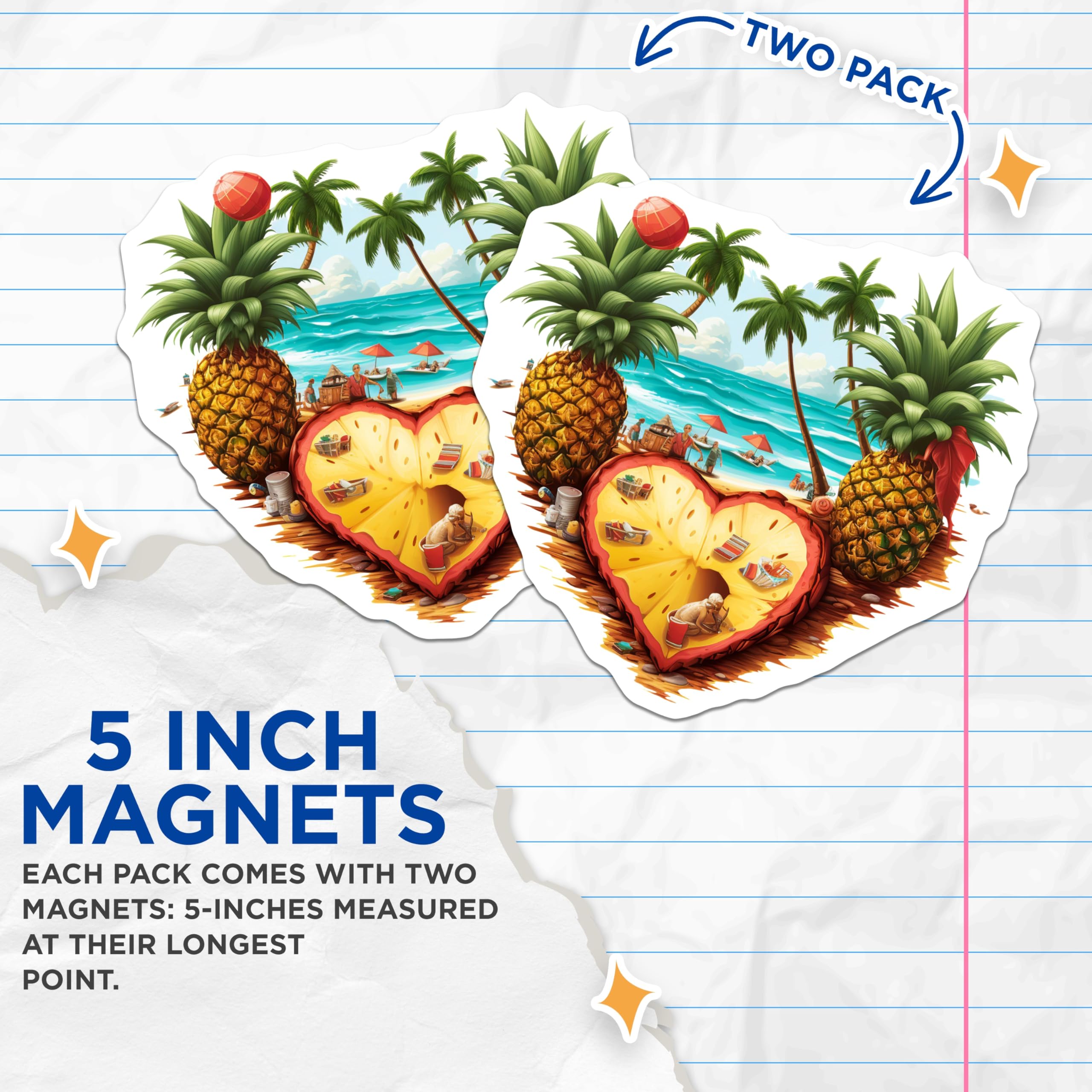 (2 Pack) Tropical Beach Magnets - Pineapple Heart Scene - Summer Vacation Decor - Island Life Fridge Magnets - 5 Inches On Longest Side - Thick Durable Magnet - Made in USA - MAG20056