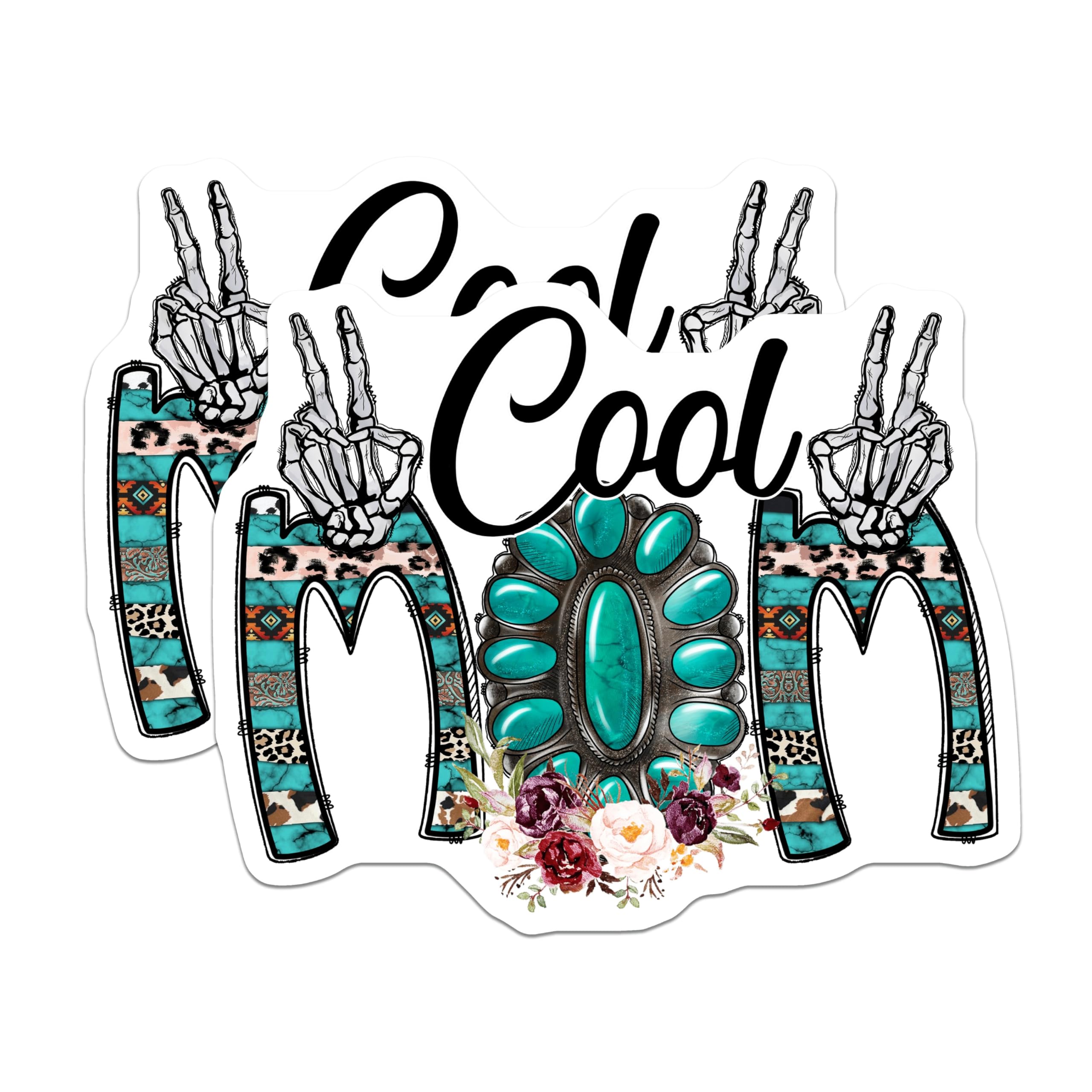 (2 Pack) Cool Mom Magnets - Western Boho Decor - Turquoise Concho Leopard Cow Print Skeleton Hands - 5 Inches On Longest Side - Thick Durable Magnet - Made in USA - MAG23636