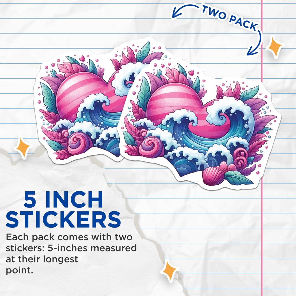 (2 Pack) Ocean Heart Stickers - Pink Waves Decal - Tropical Coastal Art - 5" On Longest Side - Sticks to Smooth Flat Surfaces - Made in USA - BMCS20138