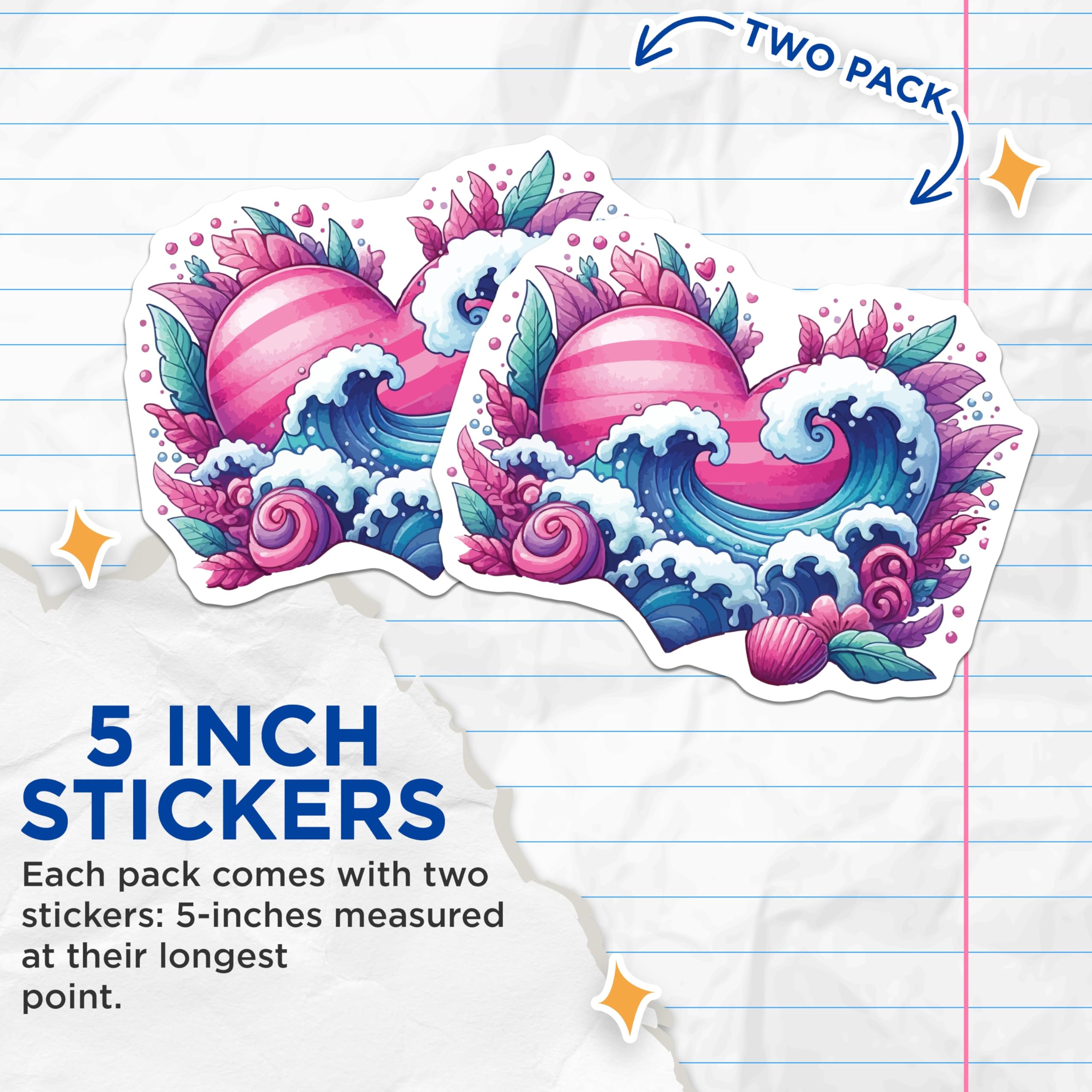 (2 Pack) Ocean Heart Stickers - Pink Waves Decal - Tropical Coastal Art - 5" On Longest Side - Sticks to Smooth Flat Surfaces - Made in USA - BMCS20138
