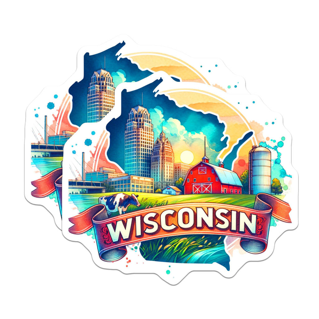 (2 Pack) Wisconsin State Stickers - Vibrant Wisconsin Landscape - Travel Souvenir Stickers - 5" On Longest Side - Sticks to Smooth Flat Surfaces - Made in USA - BMCS6546