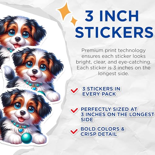 (3 Pack) Puppy Decals - Cute Dog Stickers - Laptop Decoration - 3 Inches On Longest Side - Easy Peel & Apply - Made in USA - 3MCS8205