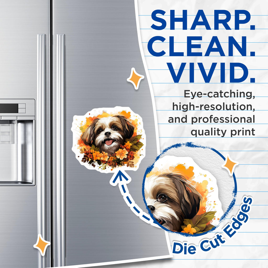 (2 Pack) Shih Tzu Dog Magnets - Autumn Puppy Art - Pet Lover Refrigerator Decor - Fall Kitchen Decor - 5 Inches On Longest Side - Thick Durable Magnet - Made in USA - MAG30923