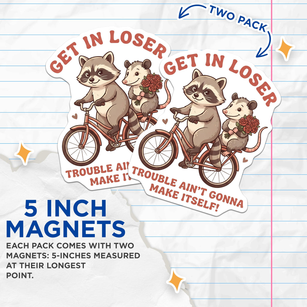 (2 Pack) Funny Animal Magnets - Raccoon Opossum on Bike - Trouble Maker Novelty Magnets - 5" On Longest Side - Premium Magnet - for Cars, Refrigerators, Toolboxes, Lockers - Made in USA - MAG16532