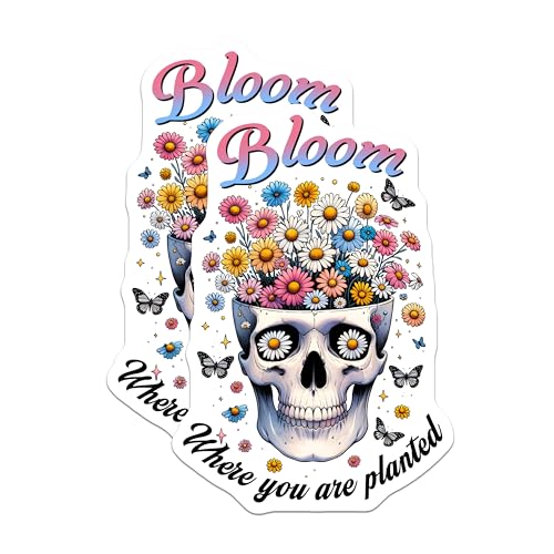 (2 Pack) Bloom Skull Stickers - Floral Skull Art - Inspirational Quote - 5" On Longest Side - Sticks to Smooth Flat Surfaces - Made in USA - BMCS7382