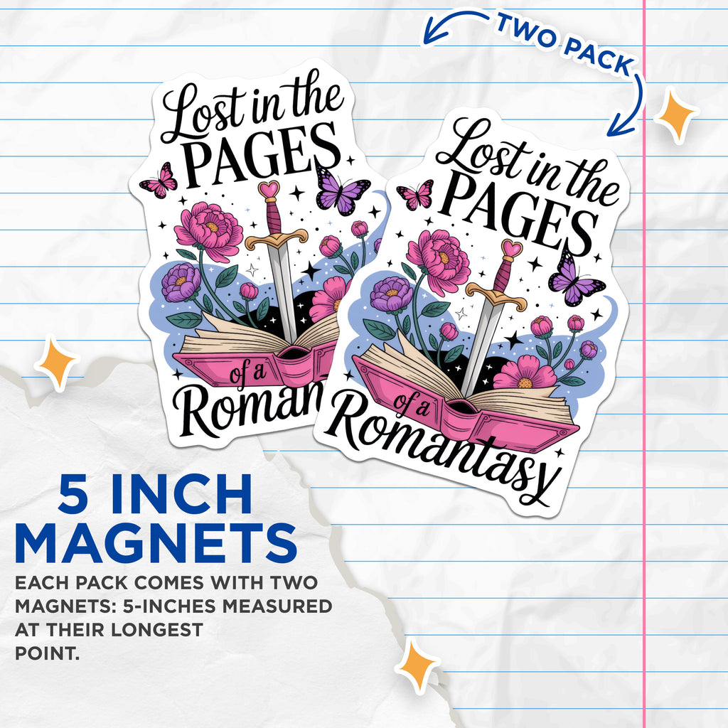 (2 Pack) Romantasy Book Lover Magnets - Lost in Pages Fantasy Decor - Bookworm Reader Accessory - Enchanted Floral Sword Item - 5 Inches On Longest Side - Thick Durable Magnet - Made in USA - MAG39667