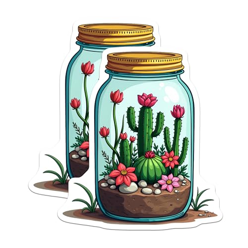 (2 Pack) Cactus Jar Stickers - Succulent Plant Decal - Nature Botanical Art Stickers for Laptop and Water Bottle - 5" On Longest Side - Sticks to Smooth Flat Surfaces - Made in USA - BMCS4643