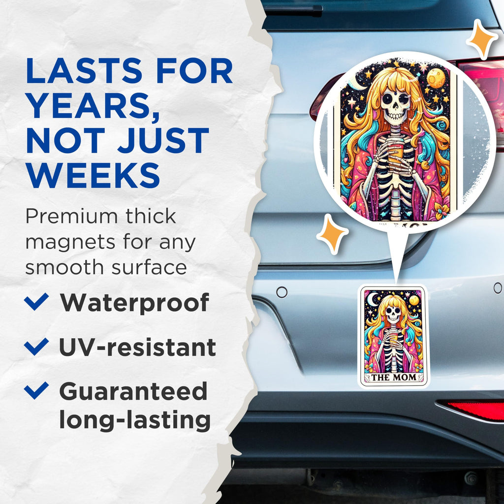 (2 Pack) Tired Mom Skeleton Magnets - Colorful Tarot Card Art - Funny Motherhood Fridge Decor - 5 Inches On Longest Side - Thick Durable Magnet - Made in USA - MAG20745