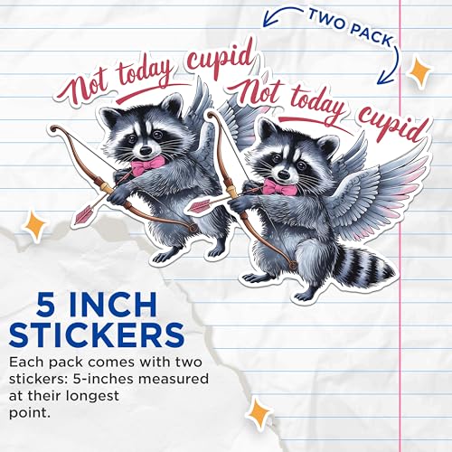 (2 Pack) Not Today Cupid Raccoon Stickers - Funny Anti Valentines Stickers - Cute Animal Stickers - 5" On Longest Side - Sticks to Any Smooth Flat Surface - Made in USA - BMCS3017