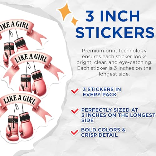 (3 Pack) Like a Girl Decals - Boxing Gloves - Empowering Women - 3 Inches On Longest Side - Easy Peel & Apply - Made in USA - 3MCS7118