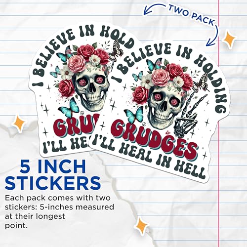 (2 Pack) I Believe in Holding Grudges Stickers - Dark Humor Skull Stickers - Floral Skull Quote Stickers - 5" On Longest Side - Sticks to Smooth Flat Surfaces - Made in USA - BMCS5099