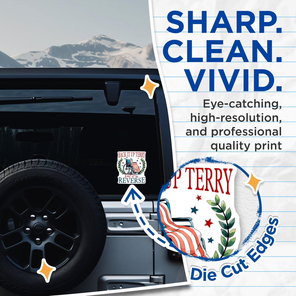 (2 Pack) Funny Patriotic Stickers - Back It Up - Terry Put It in Reverse - 5" On Longest Side - Sticks to Smooth Flat Surfaces - Made in USA - BMCS8371