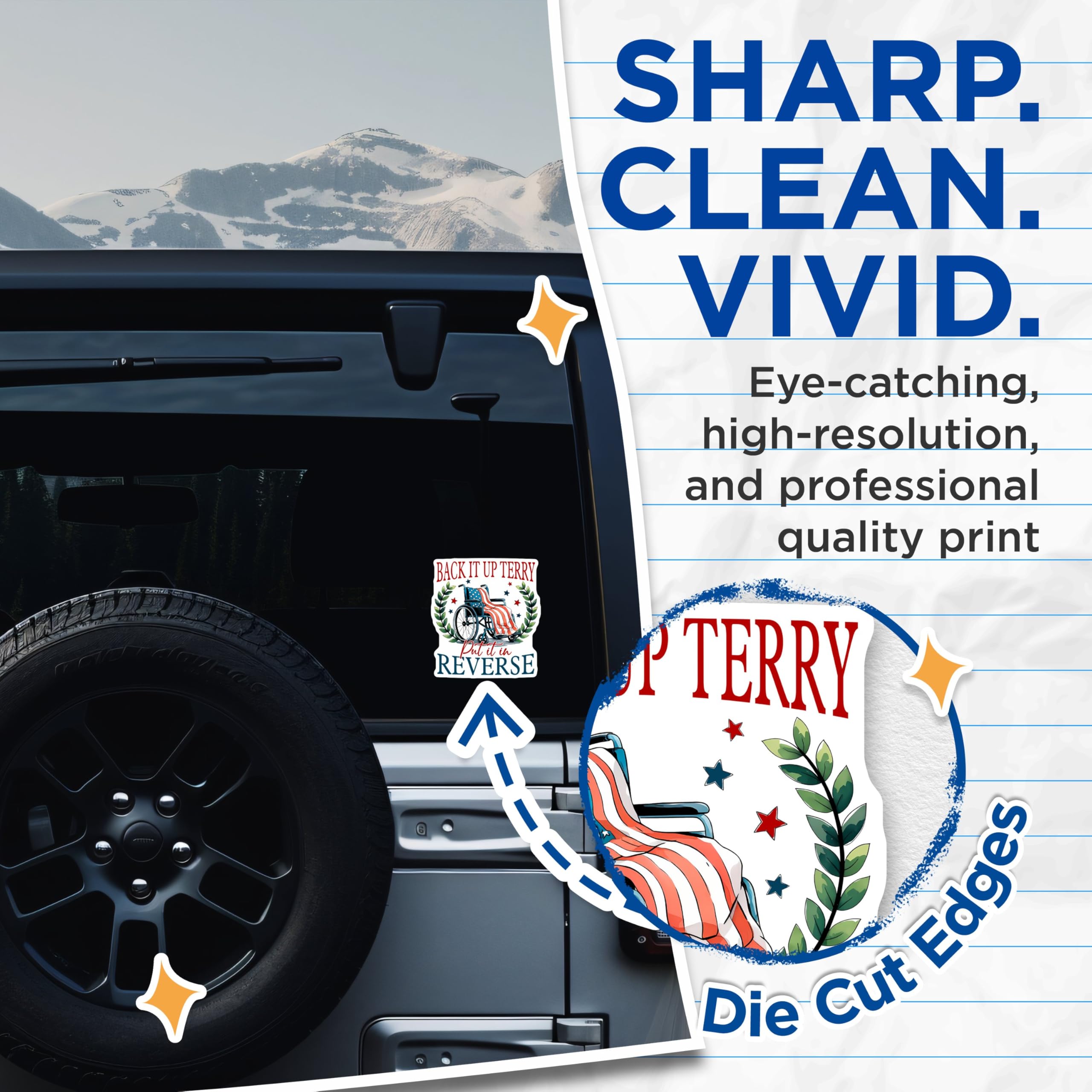 (2 Pack) Funny Patriotic Stickers - Back It Up - Terry Put It in Reverse - 5" On Longest Side - Sticks to Smooth Flat Surfaces - Made in USA - BMCS8371