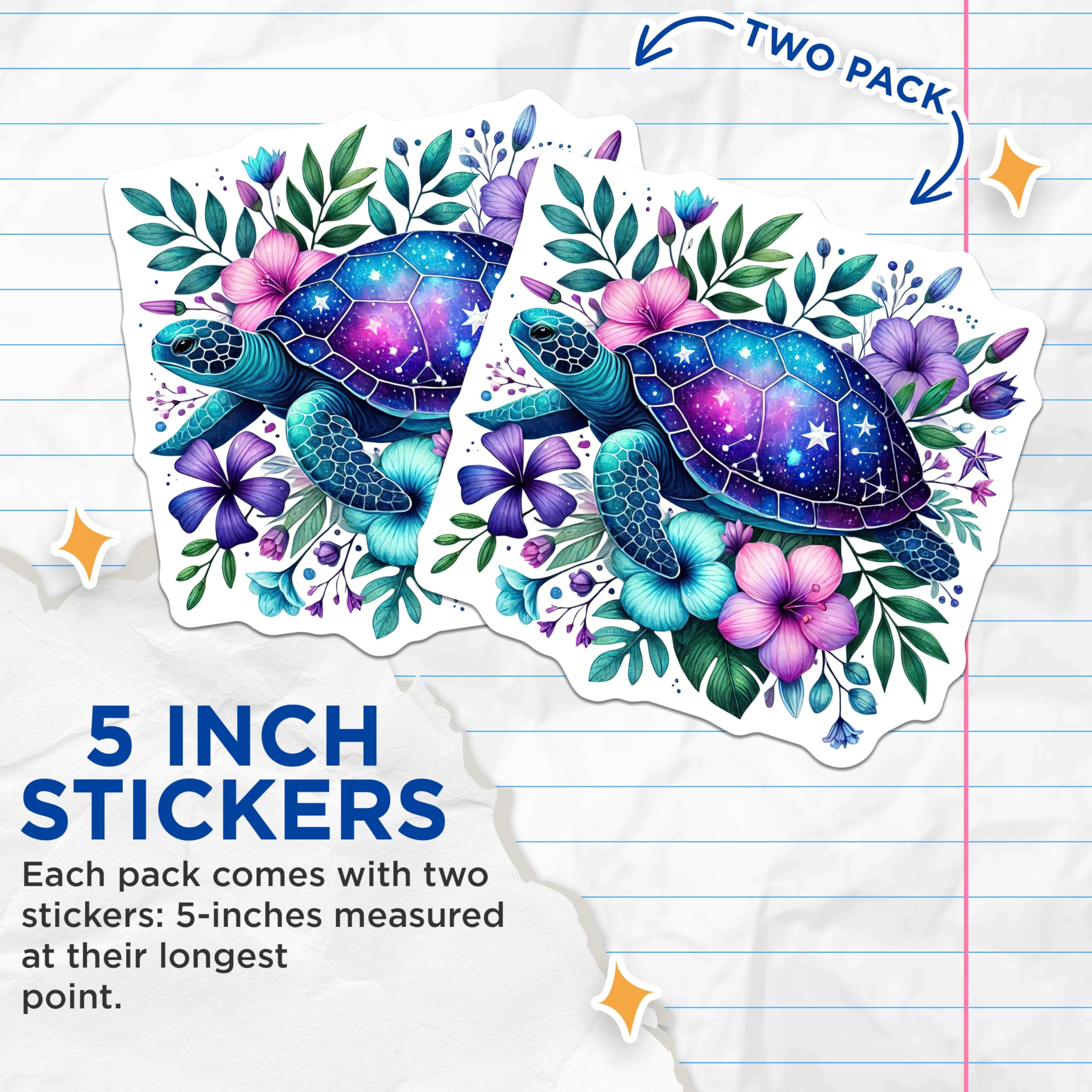 (2 Pack) Sea Turtle Stickers - Galaxy Turtle Stickers - Floral Turtle Art Stickers - 5" On Longest Side - Sticks to Smooth Flat Surfaces - Made in USA - BMCS4499