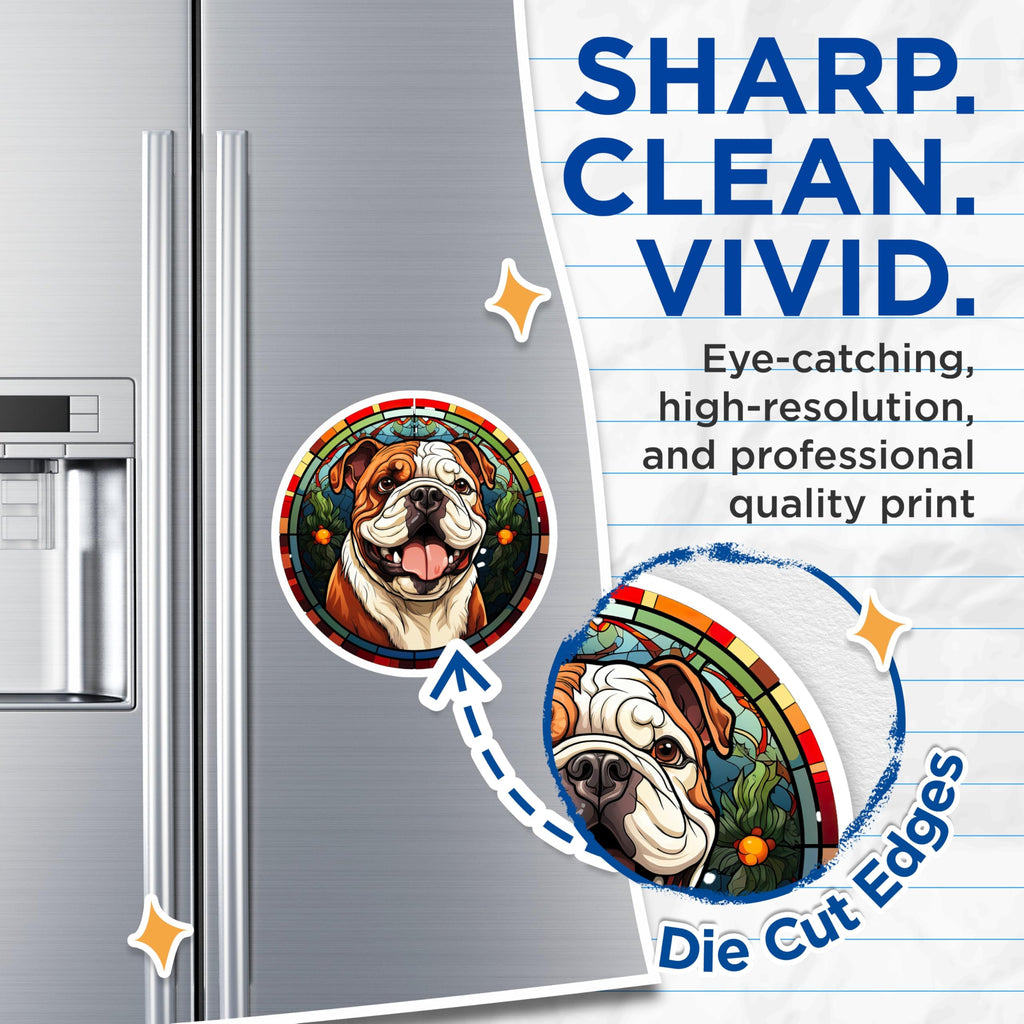 (2 Pack) Bulldog Stained Glass Magnets - Dog Lover Decor - Pet Portrait Art - Cute Puppy Fridge Accessory - 5 Inches On Longest Side - Thick Durable Magnet - Made in USA - MAG25035