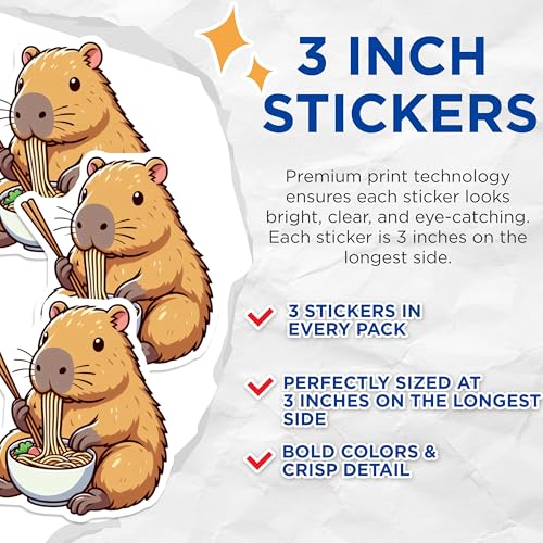 (3 Pack) Capybara Decals - Eating Ramen - Cute Animal Sticker - 3 Inches On Longest Side - Easy Peel & Apply - Made in USA - 3MCS8686