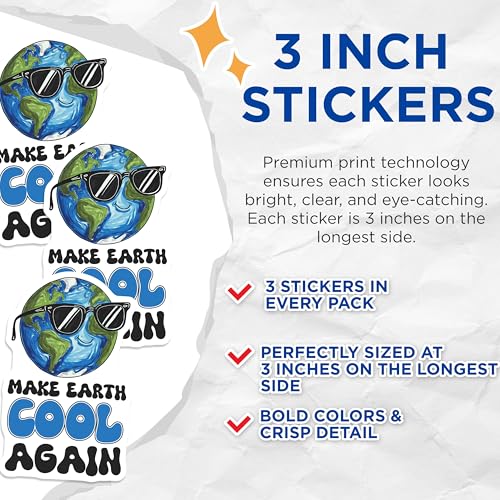 (3 Pack) Make Earth Cool Decals - Earth with Sunglasses - Planet Cool Again - 3 Inches On Longest Side - Easy Peel & Apply - Made in USA - 3MCS6455