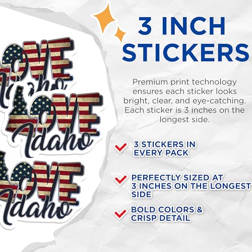(3 Pack) Love Idaho Decals - Patriotic State Pride - American Flag Decals - 3 Inches On Longest Side - Easy Peel & Apply - Made in USA - 3MCS0303