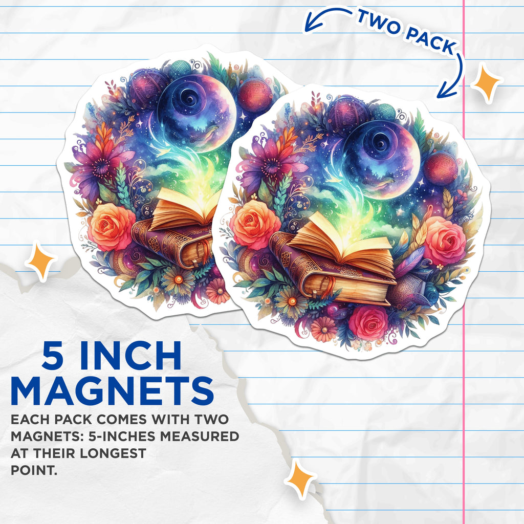 (2 Pack) Magical Book Magnets - Celestial Floral Art - Whimsical Reader Decor - 5 Inches On Longest Side - Thick Durable Magnet - Made in USA - MAG36101