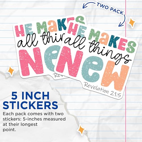 (2 Pack) He Makes All Things New Stickers - Inspirational Stickers - Bible Verse Decal - 5" On Longest Side - Sticks to Smooth Flat Surfaces - Made in USA - BMCS5063
