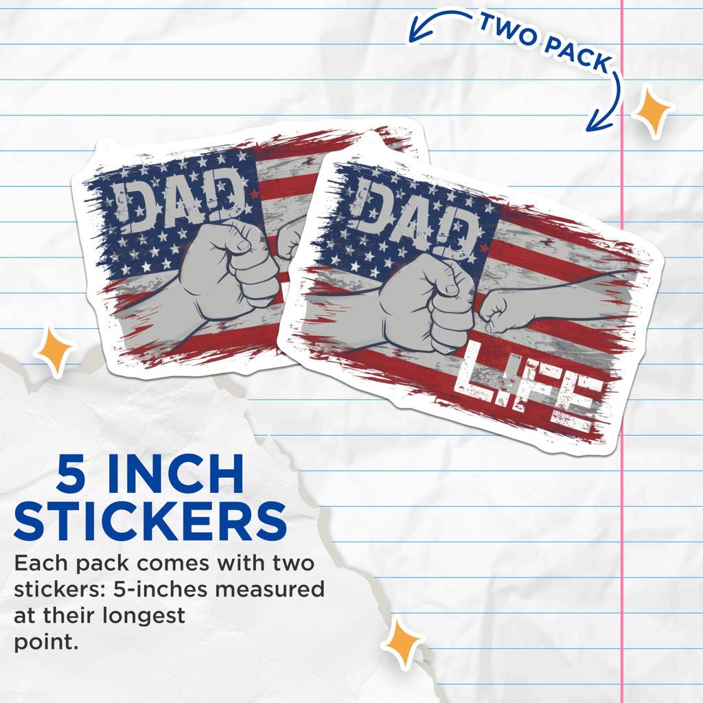 (2 Pack) Dad Life Stickers - American Flag Fist Bump Decal - 5" On Longest Side - Sticks to Smooth Flat Surfaces - Made in USA - BMCS8648 - BMCS8648