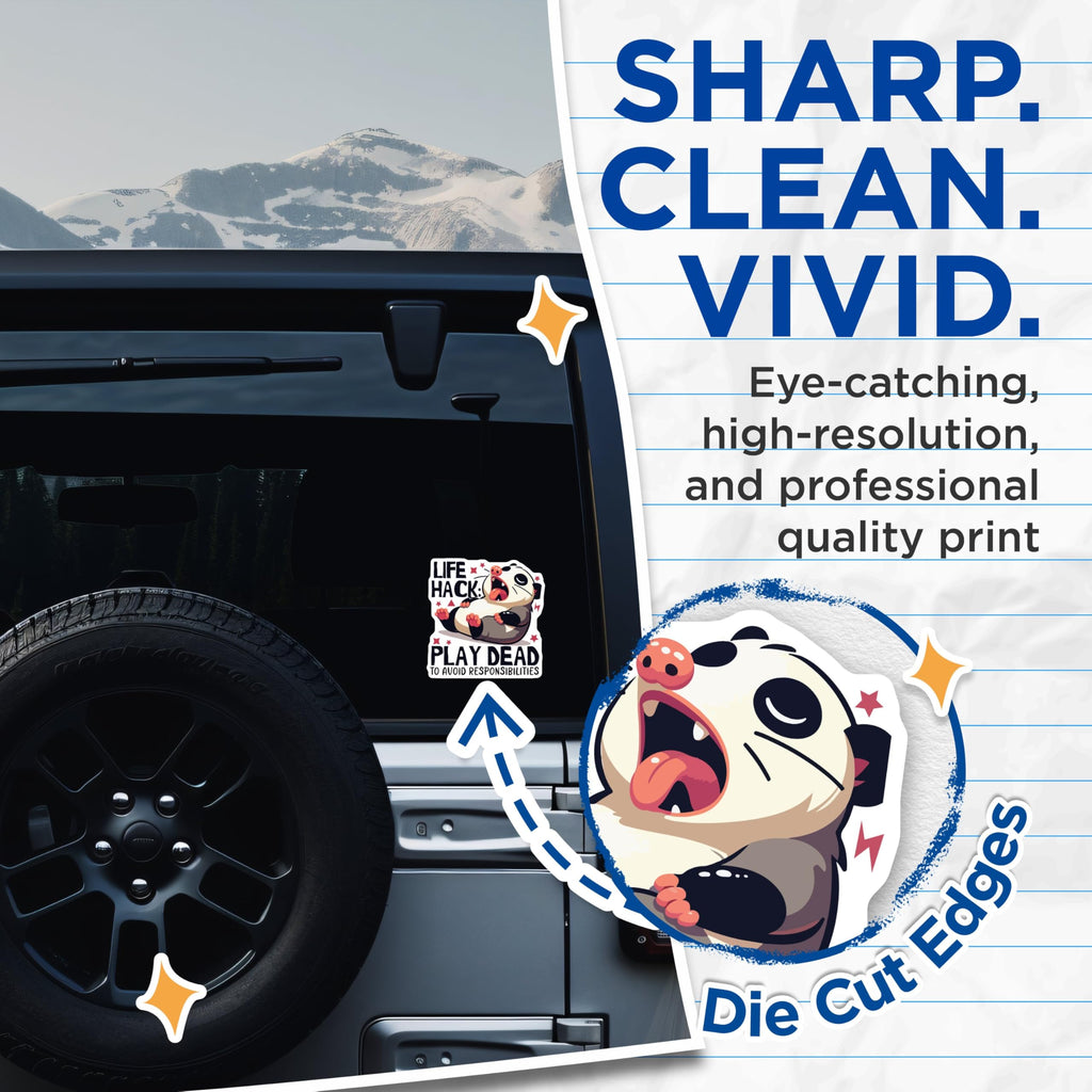 (2 Pack) Life Hack Play Dead Stickers - Funny Animal Quote Stickers - Cute Humor Decal for Laptop Water Bottle - 5" On Longest Side - Sticks to Smooth Flat Surfaces - Made in USA - BMCS6083