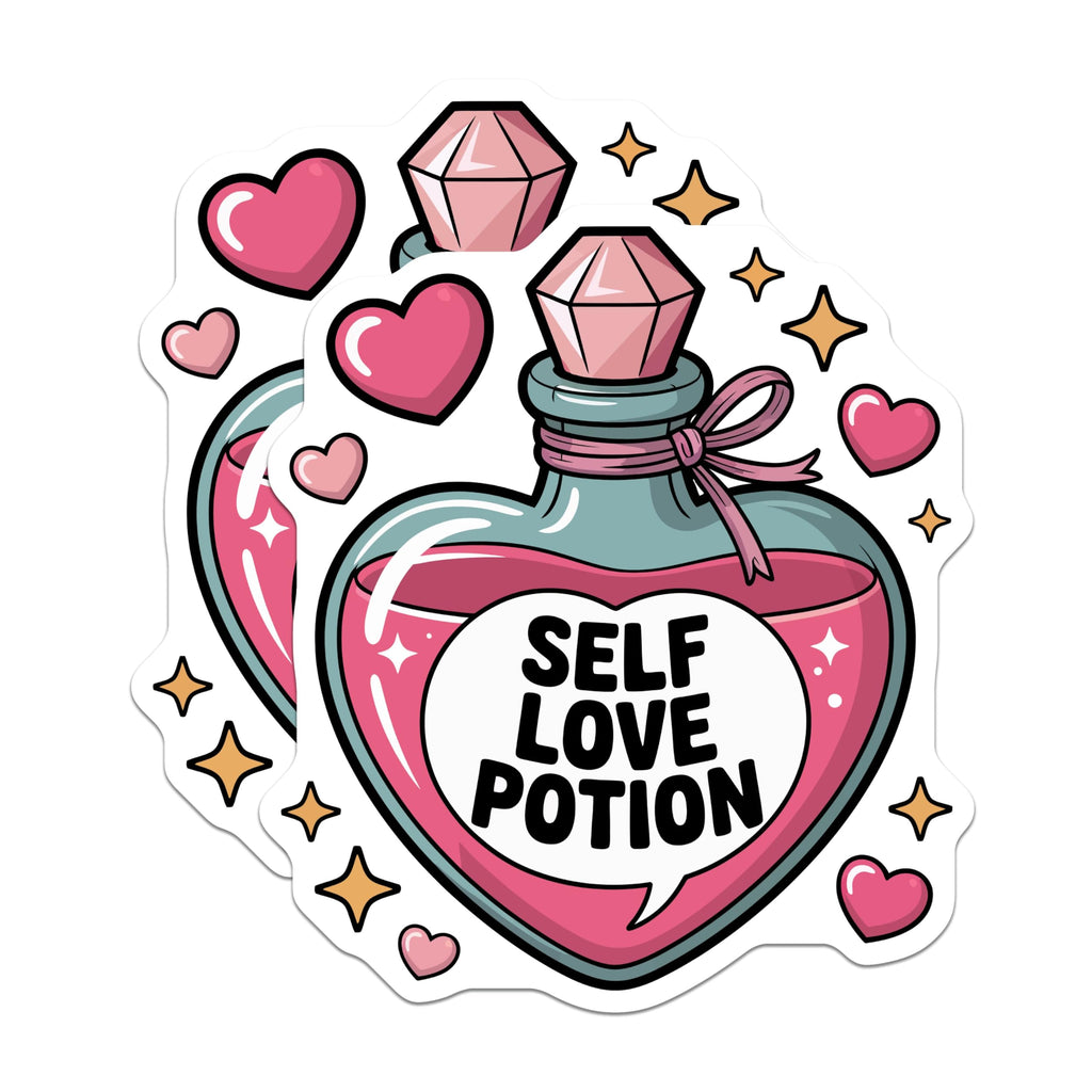 (2 Pack) Self Love Potion Magnets - Heart Shaped Bottle Decor - Inspirational Affirmation Art - Positive Vibes - 5 Inches On Longest Side - Thick Durable Magnet - Made in USA - MAG21884