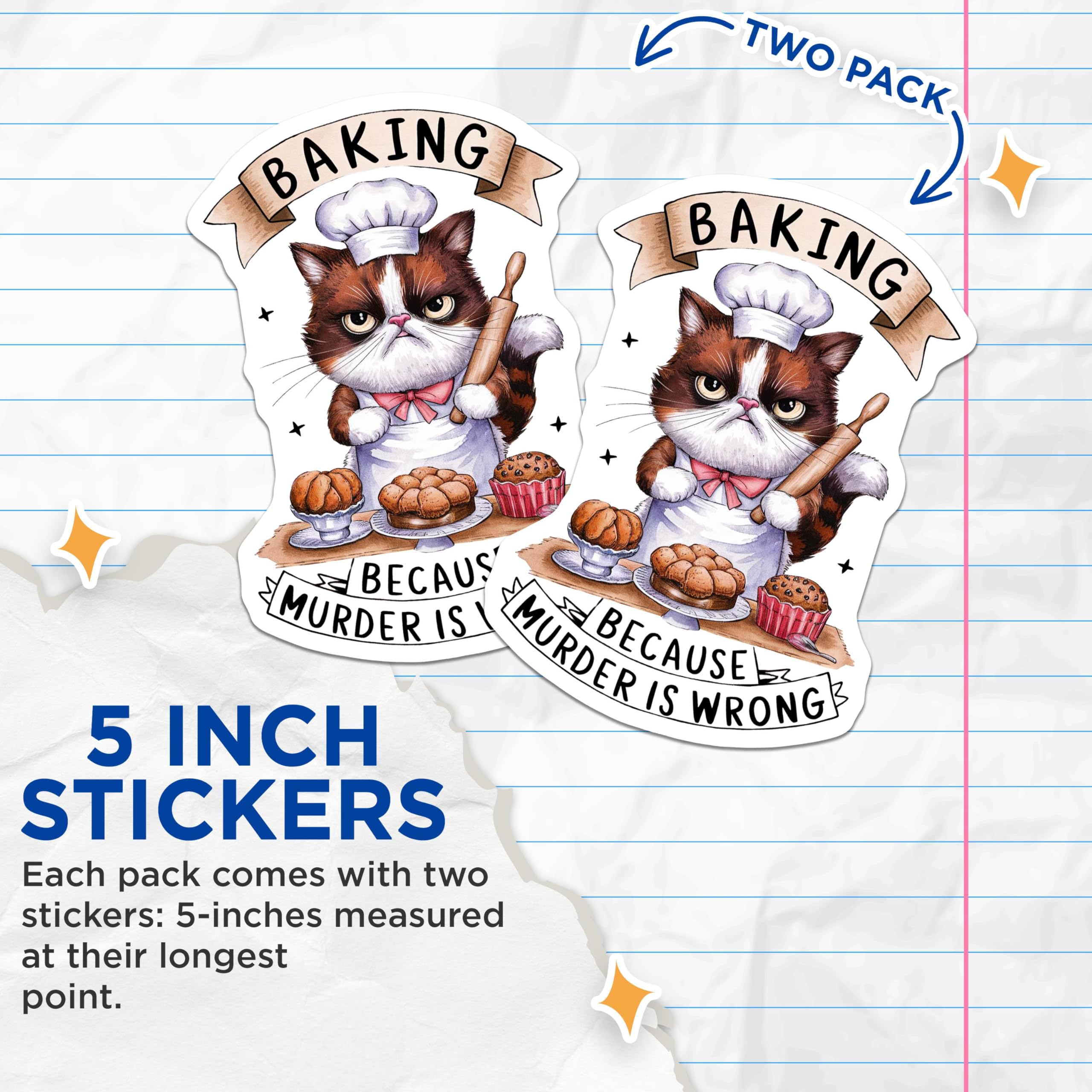 (2 Pack) Baking Cat Stickers - Funny Cat Chef Stickers - Bake Because Murder is Wrong Stickers - 5" On Longest Side - Sticks to Any Smooth Flat Surface - Made in USA - BMCS3452