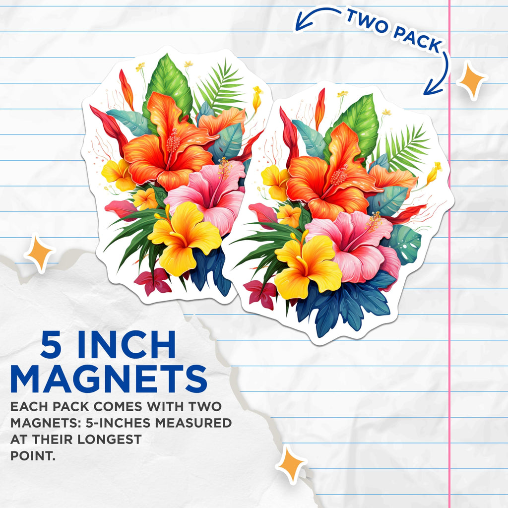(2 Pack) Tropical Hibiscus Magnets - Vibrant Floral Decor - Hawaiian Flower Fridge Art - 5 Inches On Longest Side - Thick Durable Magnet - Made in USA - MAG20073