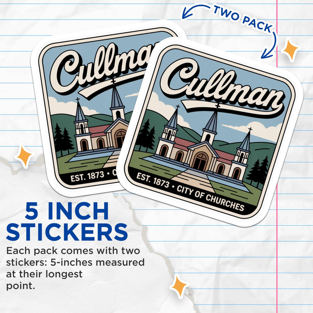 (2 Pack) Cullman Alabama Stickers - City of Churches - Established 1873-5" On Longest Side - Sticks to Smooth Flat Surfaces - Made in USA - BMCS17329