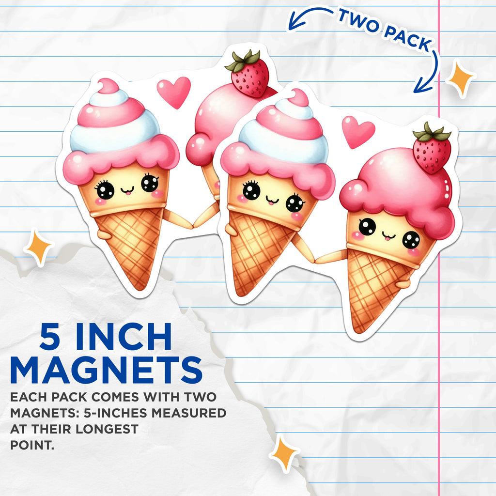 (2 Pack) Kawaii Ice Cream Magnets - Sweet Treat Decor - Cute Couple Refrigerator Art - 5 Inches On Longest Side - Thick Durable Magnet - Made in USA - MAG37880