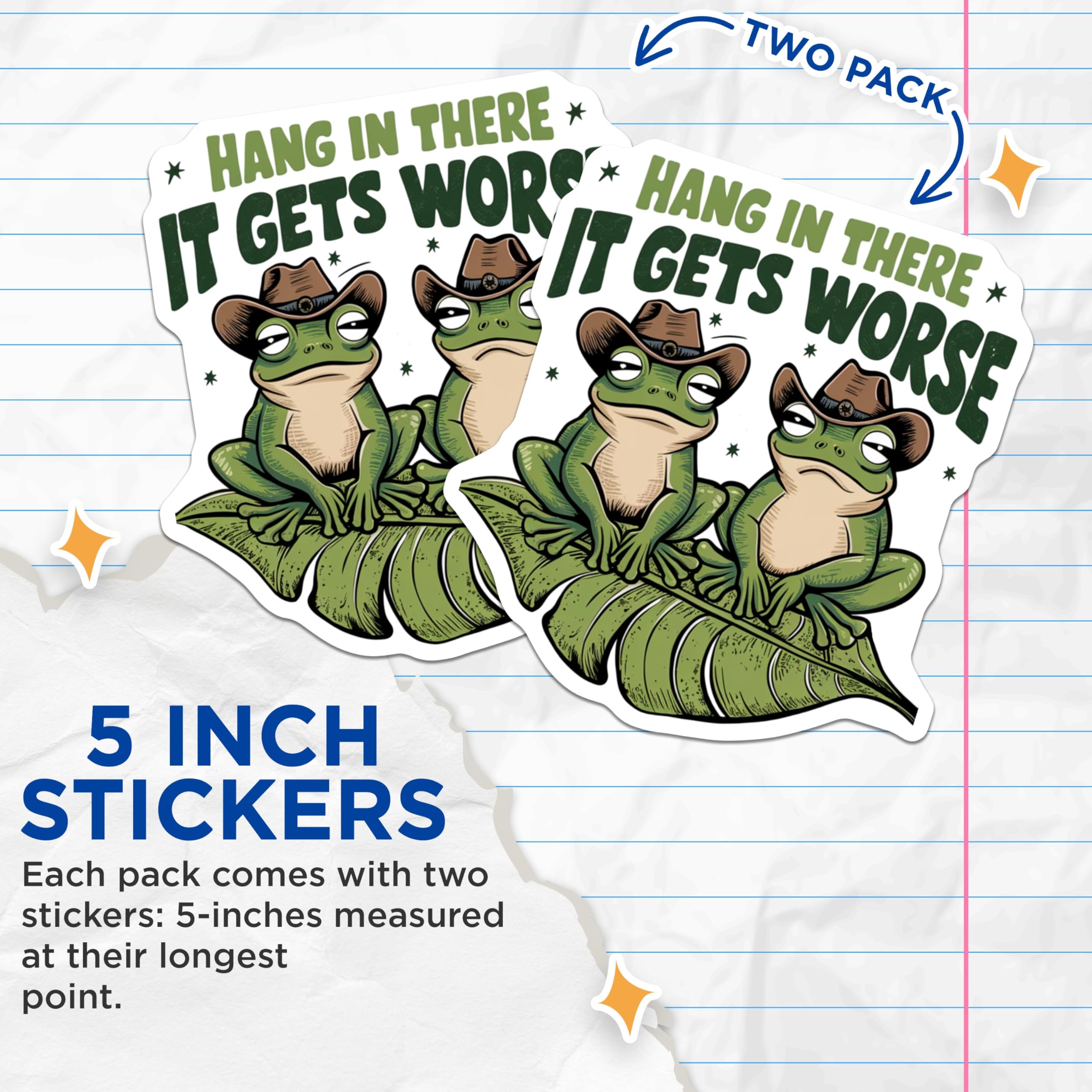 (2 Pack) Hang in There Frog Stickers - It Gets Worse Frog Decal - Motivational Cute Frog Stickers - 5" On Longest Side - Sticks to Smooth Flat Surfaces - Made in USA - BMCS5021