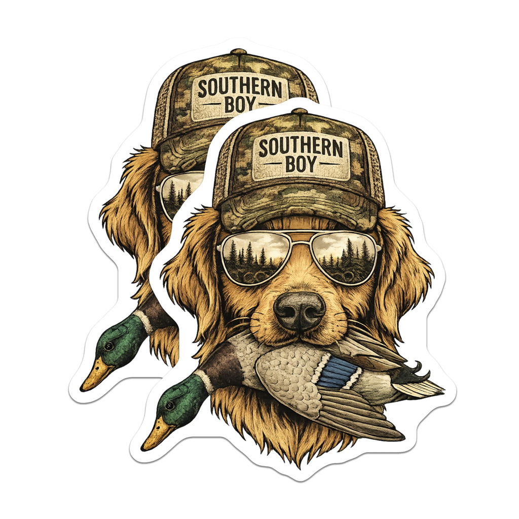 (2 Pack) Golden Retriever Magnets - Southern Boy Hunter Dog - Mallard Duck Outdoorsman Decor - 5 Inches On Longest Side - Thick Durable Magnet - Made in USA - MAG19752